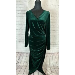 Dirass Green Velvet Dress Wrap V‎ Neck Bodycon Long Sleeve Dress Size L Slimming